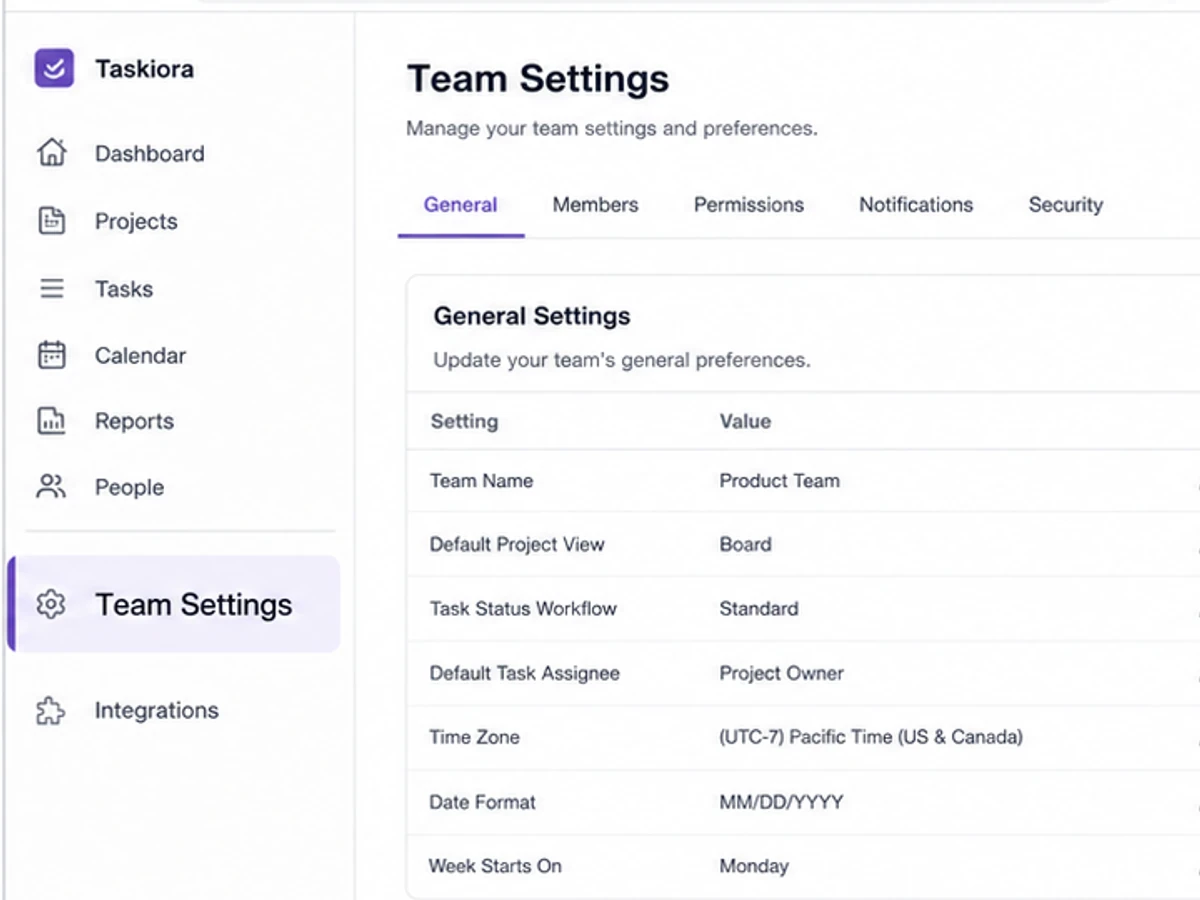 Before example for Edit text in screenshot when a product menu label changes: Team Settings